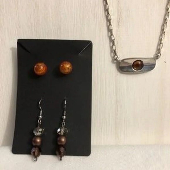 Ball Bead Necklace 2 Pairs of Earrings Silver Tone - Picture 2 of 5